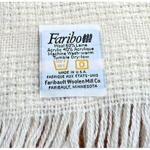 Vintage Faribault Woven Throw Blanket Faribo Fringe Cream Afghan Lap Wool 48x58